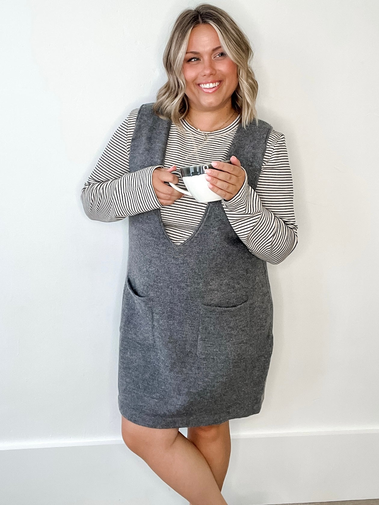Brushed Knit Sweater Mini Dress - Charcoal-Dress- Hometown Style HTS, women's in store and online boutique located in Ingersoll, Ontario
