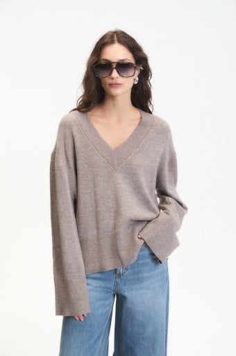 ASCLEPIAS V NECK SWEATER - Mink Melange-Sweaters and Cardigans- Hometown Style HTS, women's in store and online boutique located in Ingersoll, Ontario