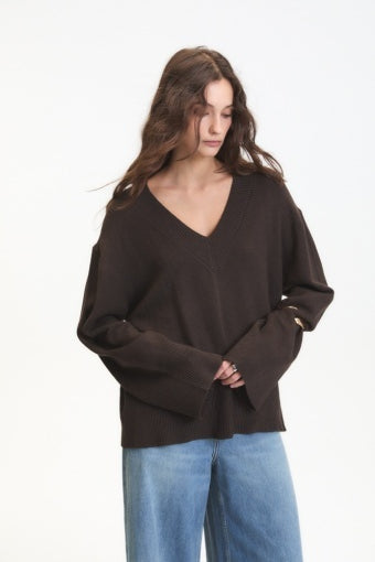 ASCLEPIAS V NECK SWEATER - Chocolate Brown-Sweaters and Cardigans- Hometown Style HTS, women's in store and online boutique located in Ingersoll, Ontario