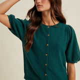 Puff Sleeve Button up Cardigan - Forest-Sweaters and Cardigans- Hometown Style HTS, women's in store and online boutique located in Ingersoll, Ontario