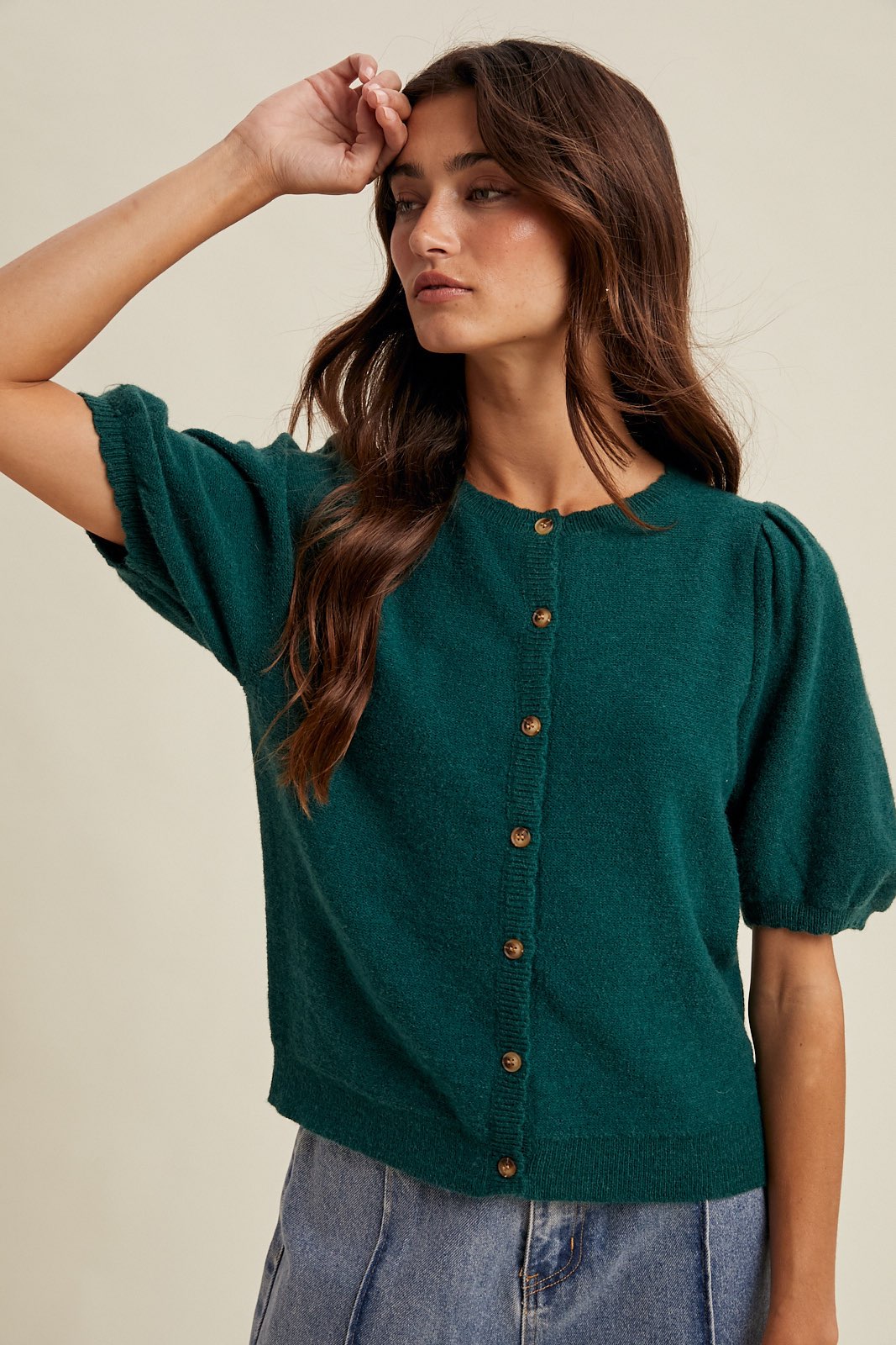 Puff Sleeve Button up Cardigan - Forest-Sweaters and Cardigans- Hometown Style HTS, women's in store and online boutique located in Ingersoll, Ontario