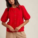 Puff Sleeve Button up Cardigan - Cherry-Sweaters and Cardigans- Hometown Style HTS, women's in store and online boutique located in Ingersoll, Ontario