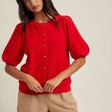 Puff Sleeve Button up Cardigan - Cherry-Sweaters and Cardigans- Hometown Style HTS, women's in store and online boutique located in Ingersoll, Ontario