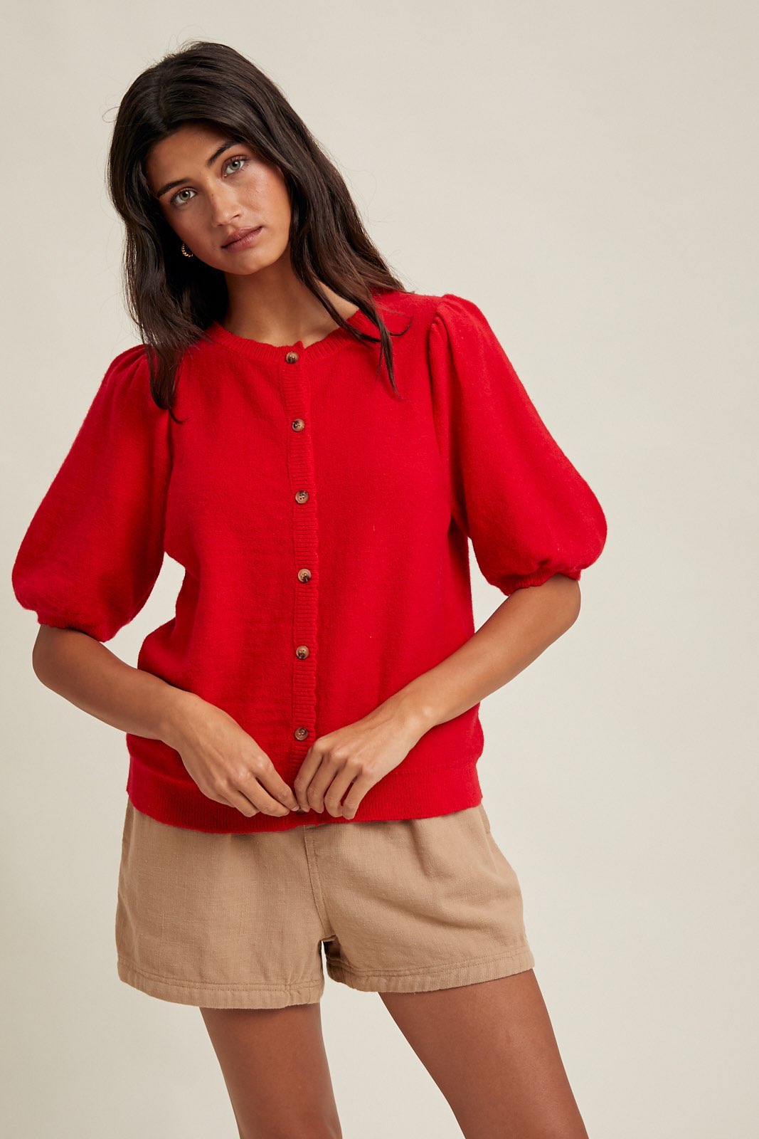 Puff Sleeve Button up Cardigan - Cherry-Sweaters and Cardigans- Hometown Style HTS, women's in store and online boutique located in Ingersoll, Ontario