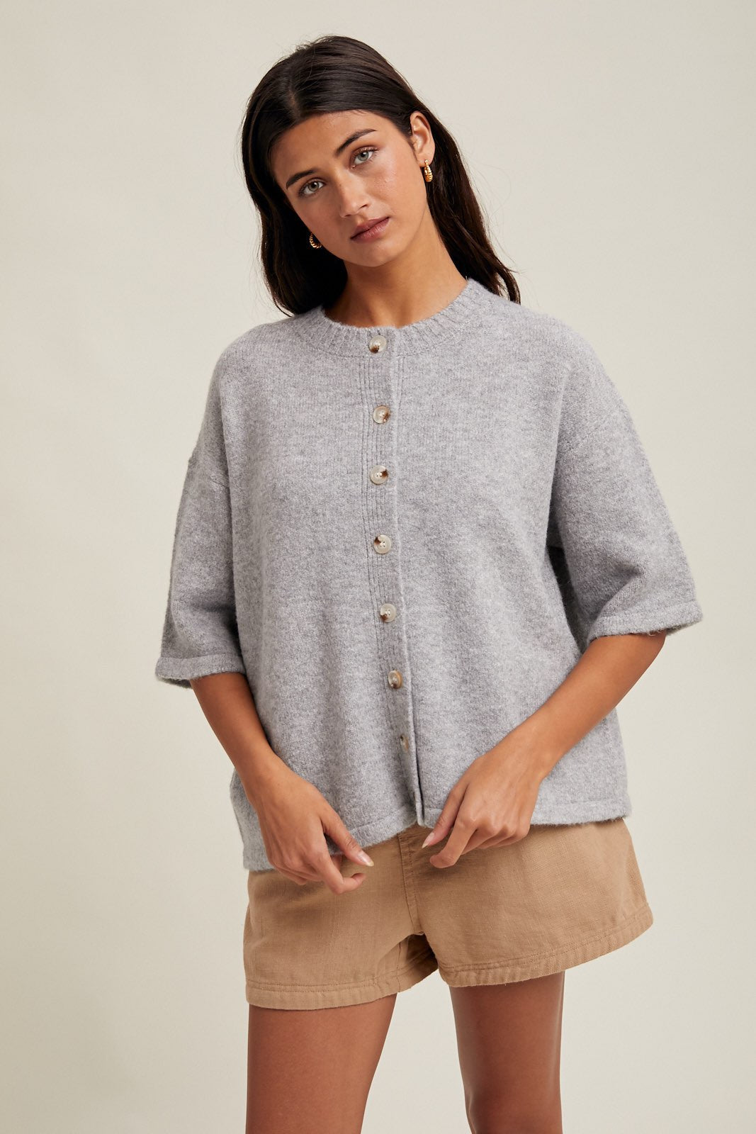 Brushed Button Up Sweater - Grey-Sweaters and Cardigans- Hometown Style HTS, women's in store and online boutique located in Ingersoll, Ontario