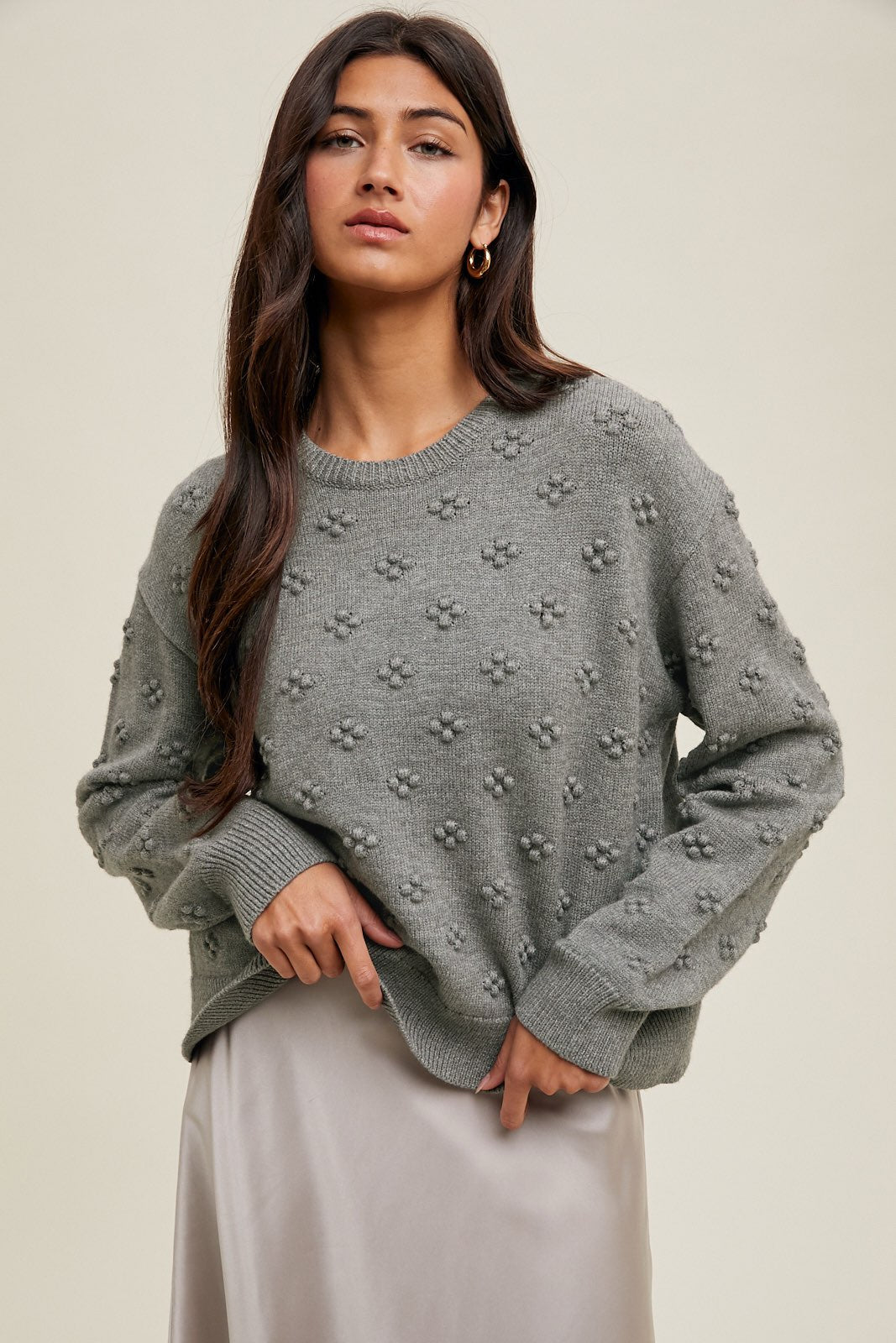 Pom Pom Knit Sweater - Grey-Sweaters and Cardigans- Hometown Style HTS, women's in store and online boutique located in Ingersoll, Ontario