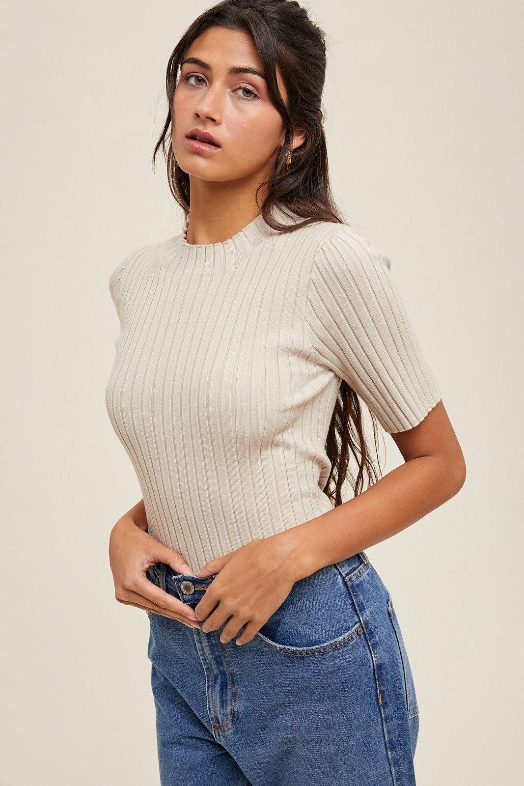 Ribbed High Neck Top -Champagne-Casual Tops- Hometown Style HTS, women's in store and online boutique located in Ingersoll, Ontario