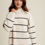 Mock Neck, Ribbed Knit Sweater - White/Black Stripe-Sweaters and Cardigans- Hometown Style HTS, women's in store and online boutique located in Ingersoll, Ontario