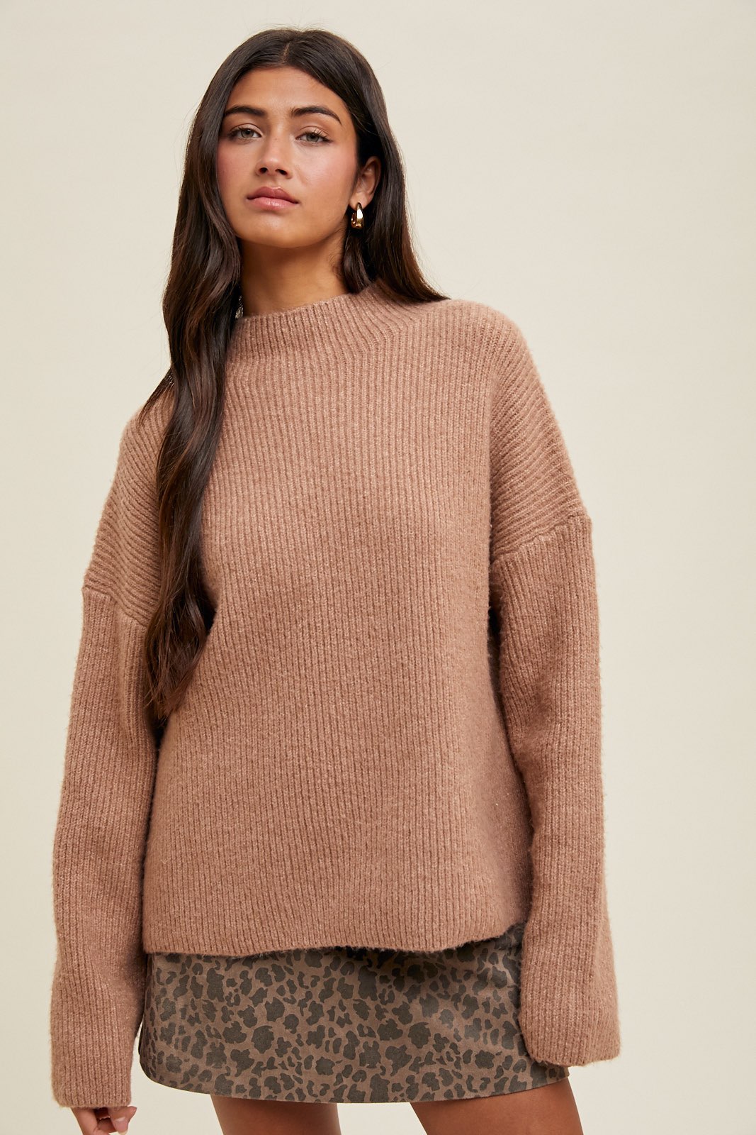 Mock Neck, Ribbed Knit Sweater - Cocoa-Sweaters and Cardigans- Hometown Style HTS, women's in store and online boutique located in Ingersoll, Ontario