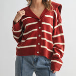 Striped Sailor Collar Cardigan - Rust-Sweaters and Cardigans- Hometown Style HTS, women's in store and online boutique located in Ingersoll, Ontario