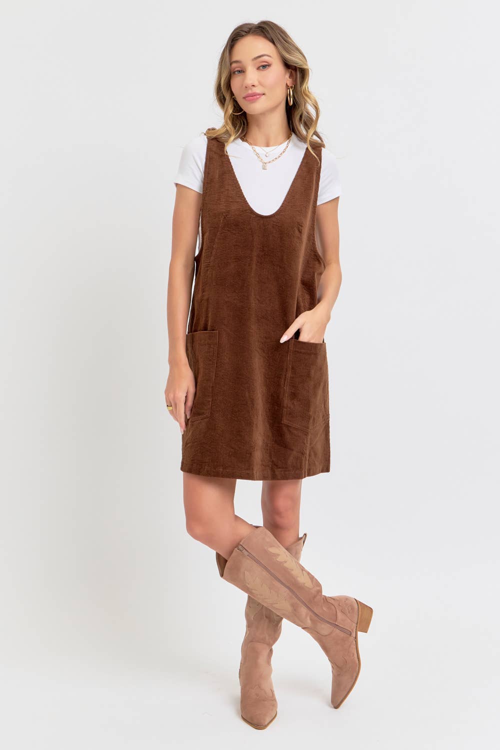 Casual Overall Corduroy Dress - Brown-Casual Dresses- Hometown Style HTS, women's in store and online boutique located in Ingersoll, Ontario