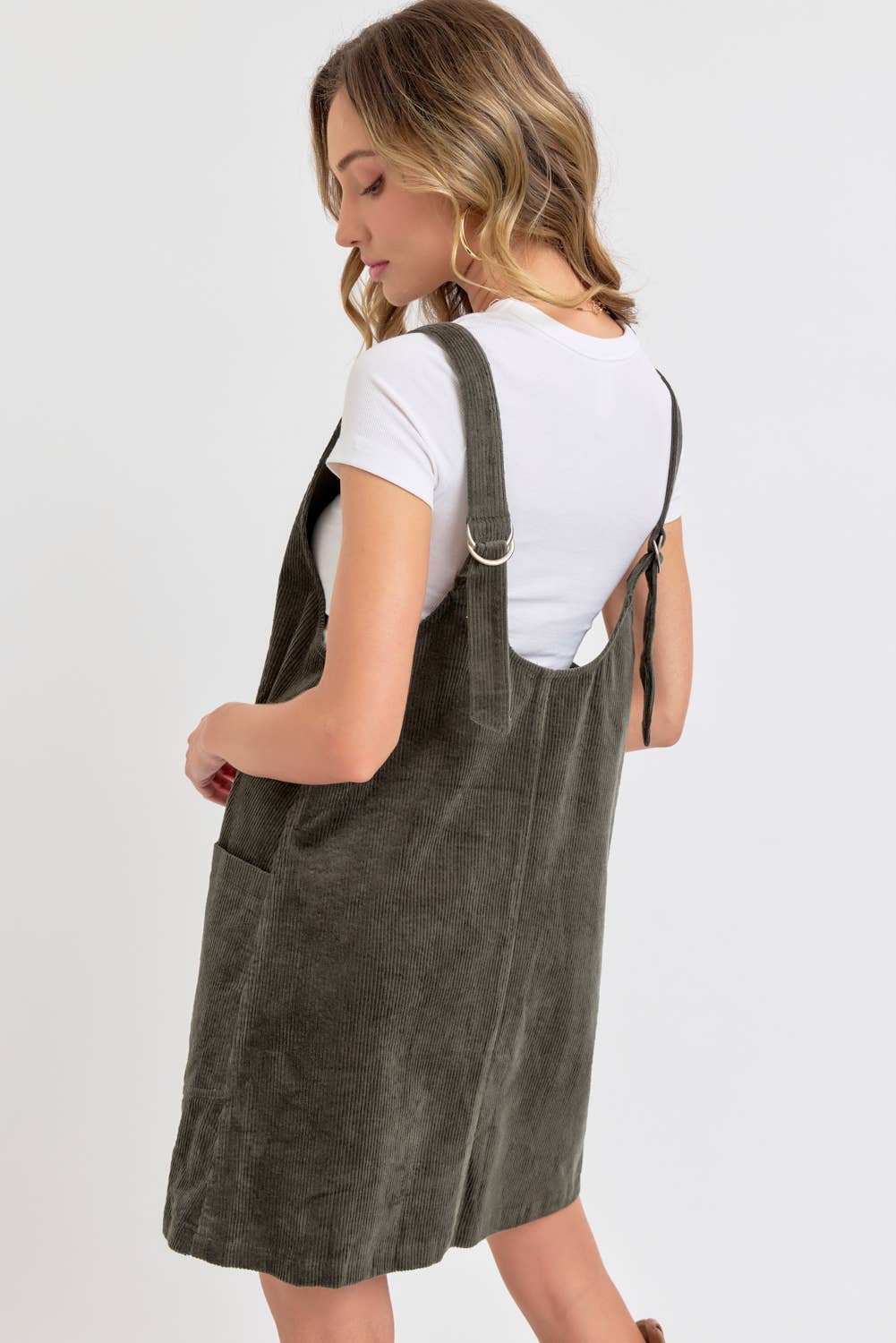 Casual Overall Corduroy Dress - Olive-Casual Dresses- Hometown Style HTS, women's in store and online boutique located in Ingersoll, Ontario