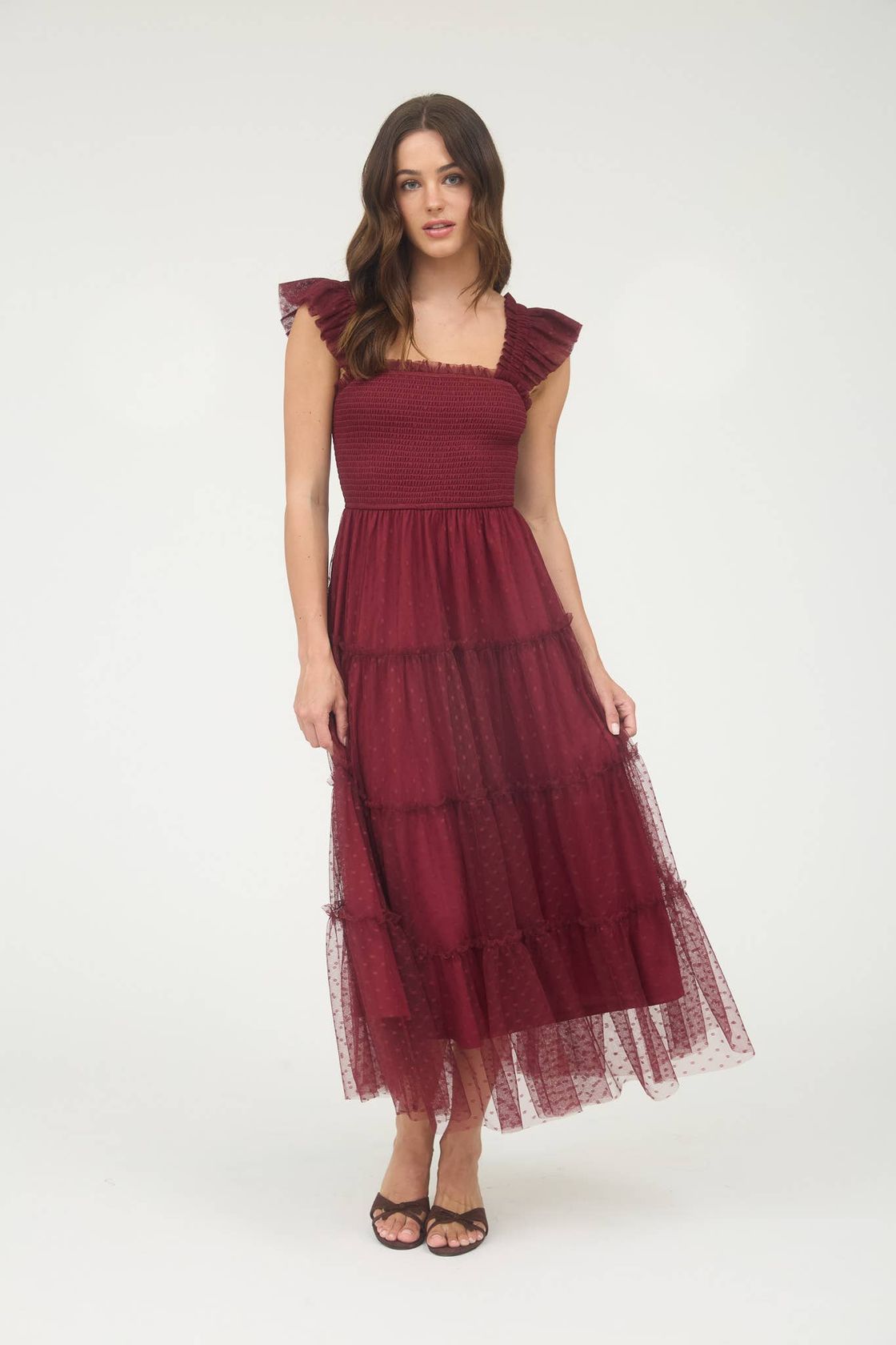 Polka Dot Chiffon Midi Dress - Wine-Special Occasion Dresses- Hometown Style HTS, women's in store and online boutique located in Ingersoll, Ontario
