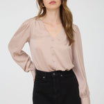 Satin V Neck Blouse - Champagne-Blouses- Hometown Style HTS, women's in store and online boutique located in Ingersoll, Ontario