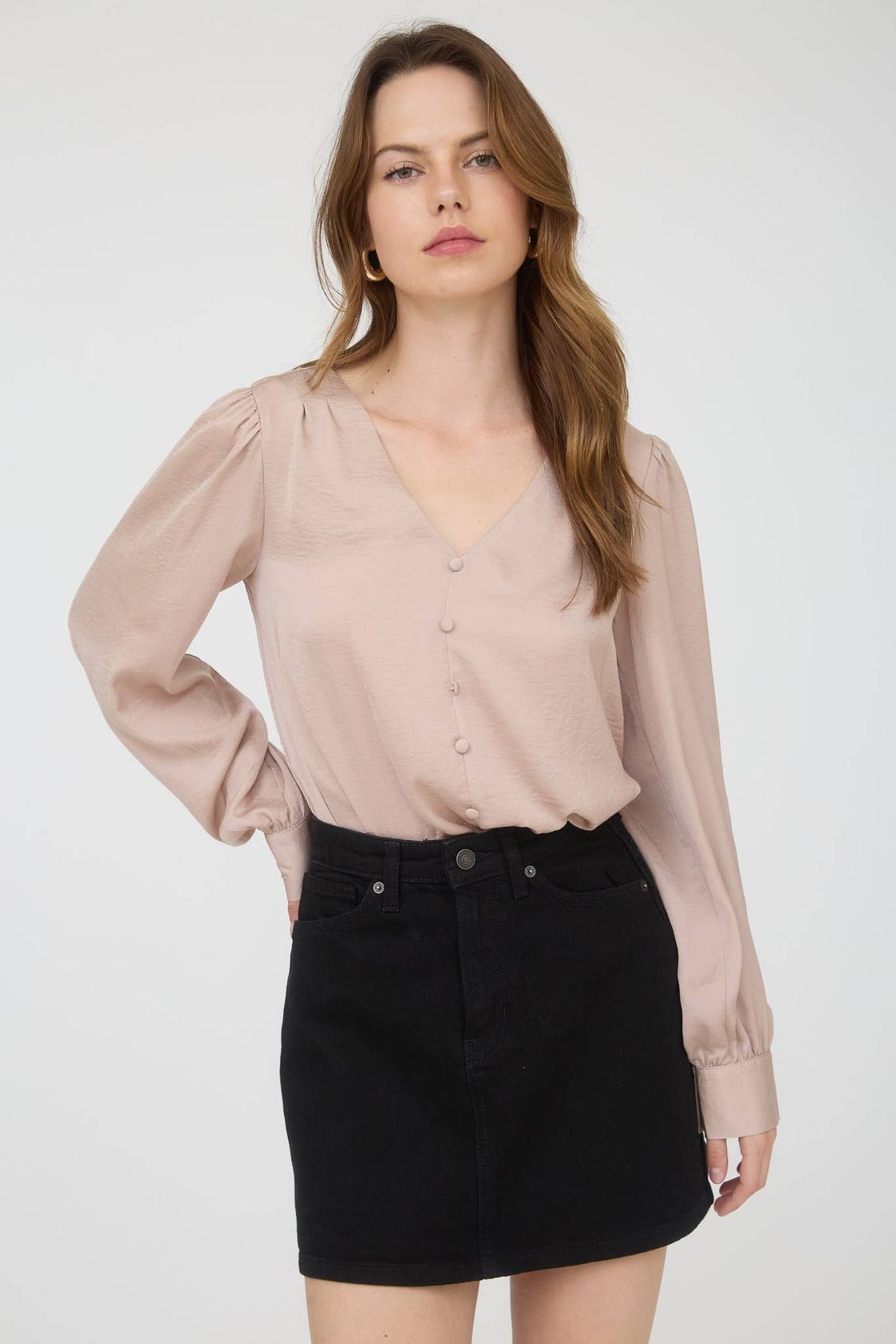 Satin V Neck Blouse - Champagne-Blouses- Hometown Style HTS, women's in store and online boutique located in Ingersoll, Ontario