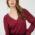 Satin V Neck Blouse- Wine-Blouses- Hometown Style HTS, women's in store and online boutique located in Ingersoll, Ontario