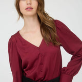 Satin V Neck Blouse- Wine-Blouses- Hometown Style HTS, women's in store and online boutique located in Ingersoll, Ontario