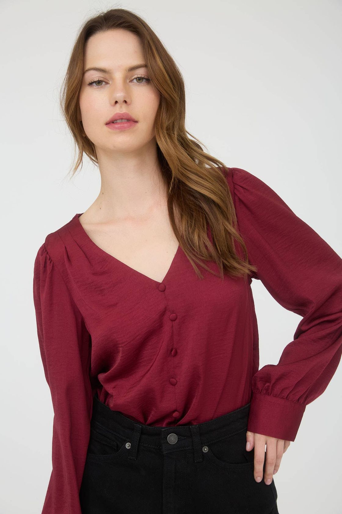 Satin V Neck Blouse- Wine-Blouses- Hometown Style HTS, women's in store and online boutique located in Ingersoll, Ontario