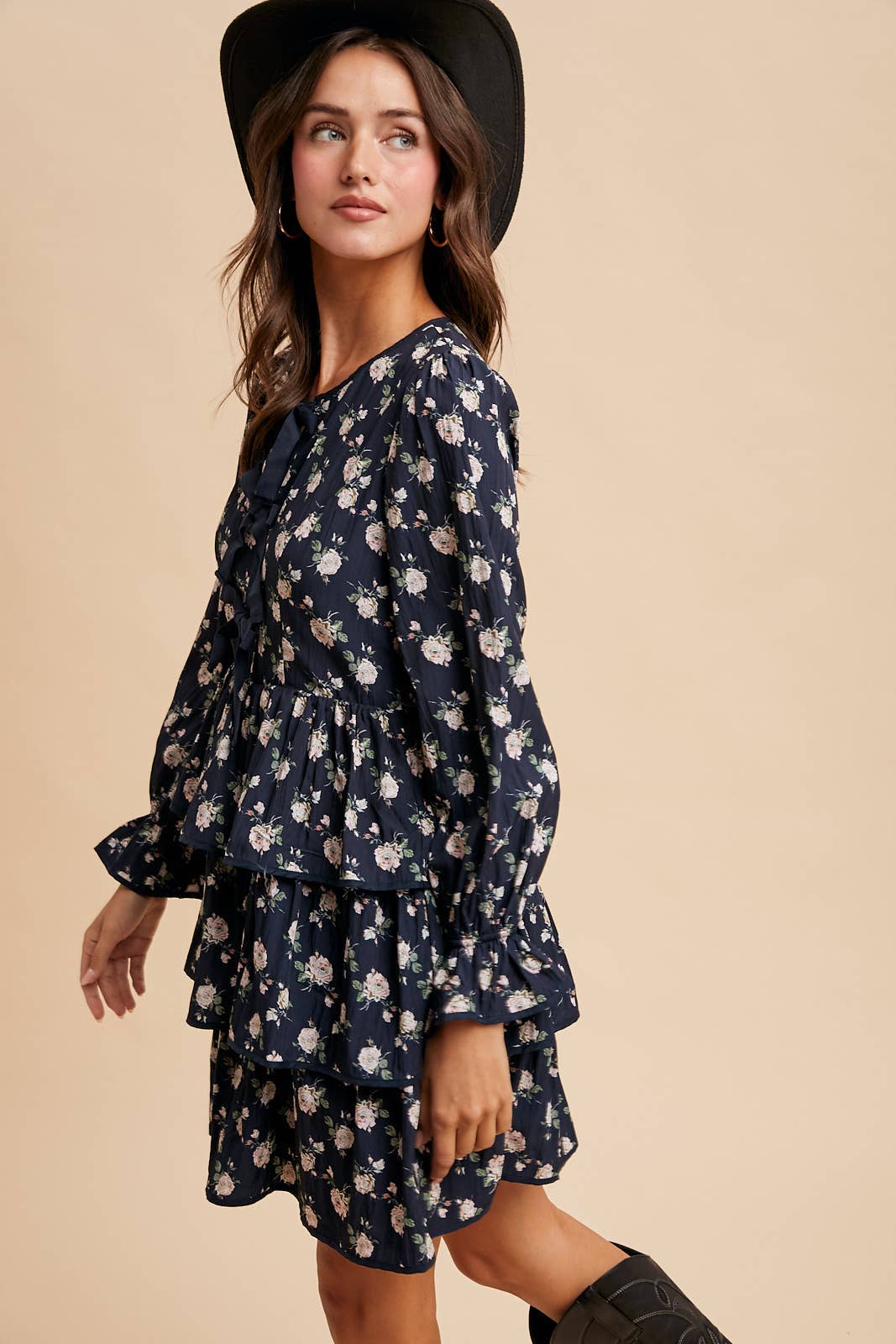 Floral Bow Tie Tiered Mini Dress - Midnight-Special Occasion Dresses- Hometown Style HTS, women's in store and online boutique located in Ingersoll, Ontario