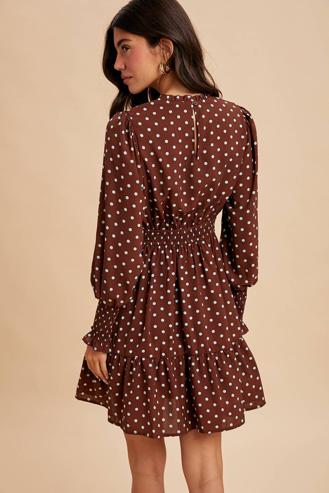 Polka Dot Ruffled Mini Dress - Brown-Special Occasion Dresses- Hometown Style HTS, women's in store and online boutique located in Ingersoll, Ontario