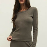 RENAE RIB LONG SLEEVE TOP- KHAKI GREEN-Casual Tops- Hometown Style HTS, women's in store and online boutique located in Ingersoll, Ontario