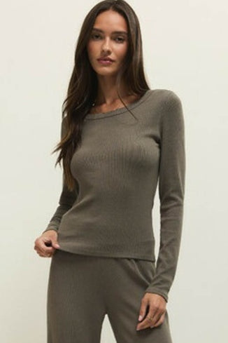 RENAE RIB LONG SLEEVE TOP- KHAKI GREEN-Casual Tops- Hometown Style HTS, women's in store and online boutique located in Ingersoll, Ontario