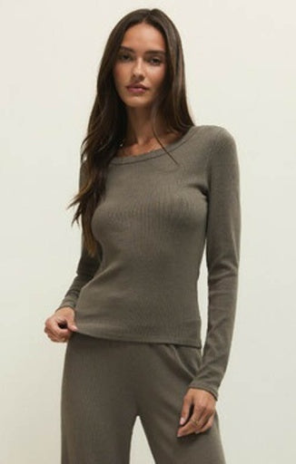 RENAE RIB LONG SLEEVE TOP- KHAKI GREEN-Casual Tops- Hometown Style HTS, women's in store and online boutique located in Ingersoll, Ontario