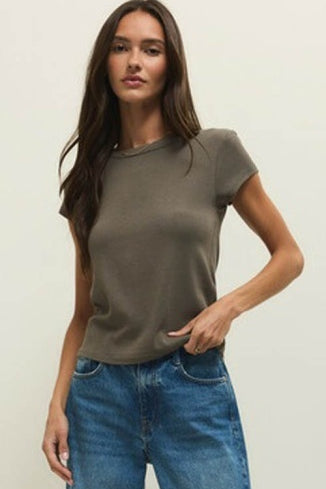 RENAE RIB SHORT SLEEVE TOP - Khaki Green-Casual Tops- Hometown Style HTS, women's in store and online boutique located in Ingersoll, Ontario