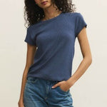 RENAE RIB SHORT SLEEVE TOP - Indigo-Casual Tops- Hometown Style HTS, women's in store and online boutique located in Ingersoll, Ontario