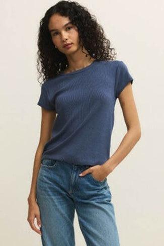 RENAE RIB SHORT SLEEVE TOP - Indigo-Casual Tops- Hometown Style HTS, women's in store and online boutique located in Ingersoll, Ontario