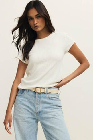 RENAE RIB SHORT SLEEVE TOP - Cloud-Casual Tops- Hometown Style HTS, women's in store and online boutique located in Ingersoll, Ontario