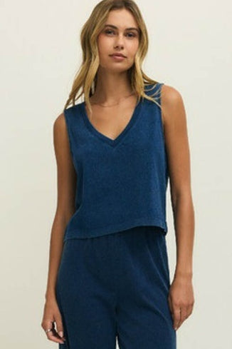 SLOANE V-NECK DENIM TANK - Indgo-Casual Tops- Hometown Style HTS, women's in store and online boutique located in Ingersoll, Ontario