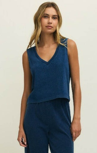 SLOANE V-NECK DENIM TANK - Indgo-Casual Tops- Hometown Style HTS, women's in store and online boutique located in Ingersoll, Ontario
