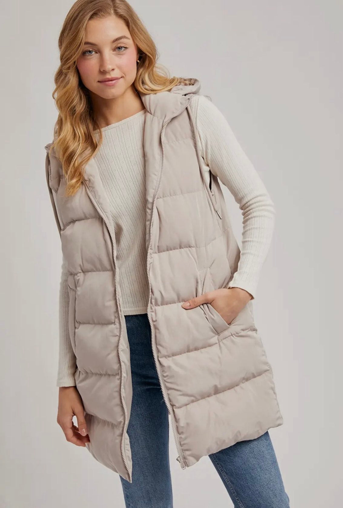 Longline Puffer Vest - Cream-Coat & Jackets- Hometown Style HTS, women's in store and online boutique located in Ingersoll, Ontario