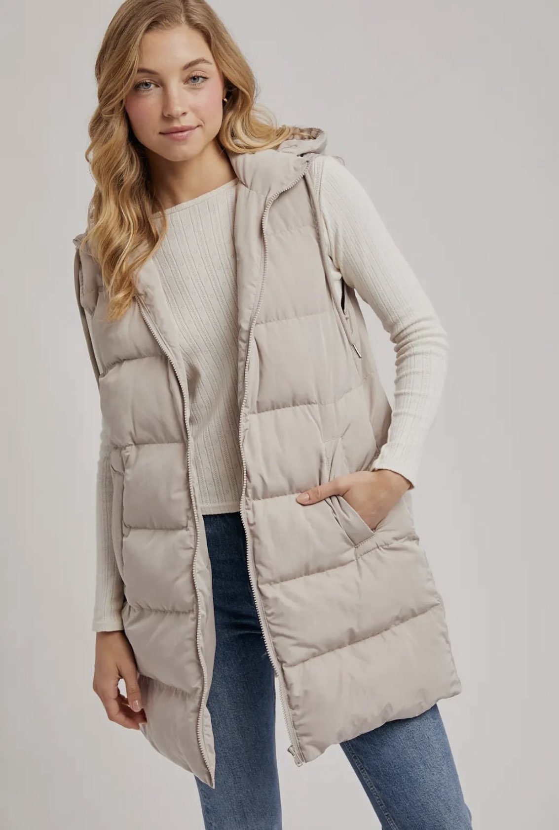 Longline Puffer Vest - Cream-Coat & Jackets- Hometown Style HTS, women's in store and online boutique located in Ingersoll, Ontario