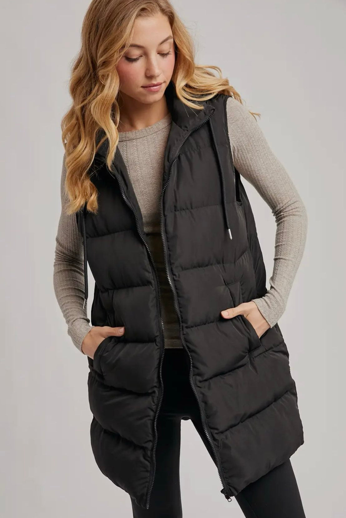 Longline Puffer Vest - Black-Coat & Jackets- Hometown Style HTS, women's in store and online boutique located in Ingersoll, Ontario