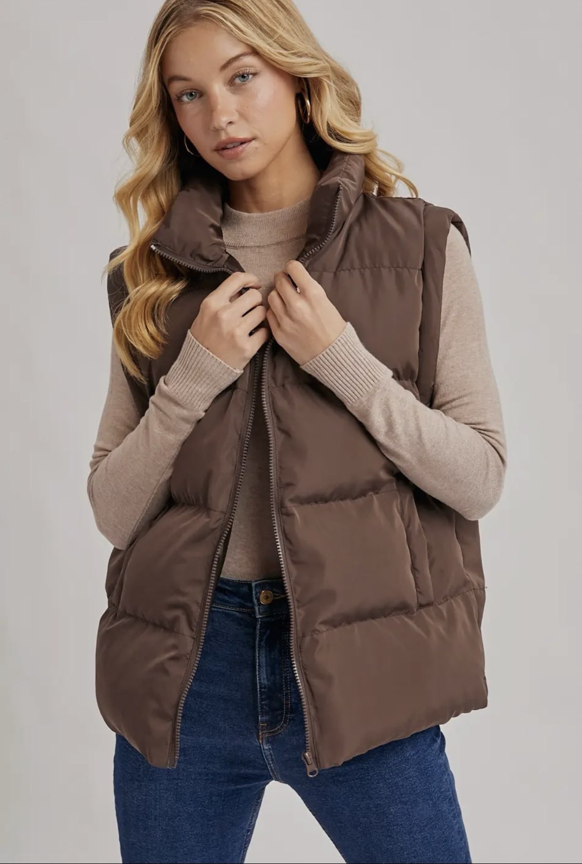 Medium Length Puffer Vest- Brown-Coat & Jackets- Hometown Style HTS, women's in store and online boutique located in Ingersoll, Ontario