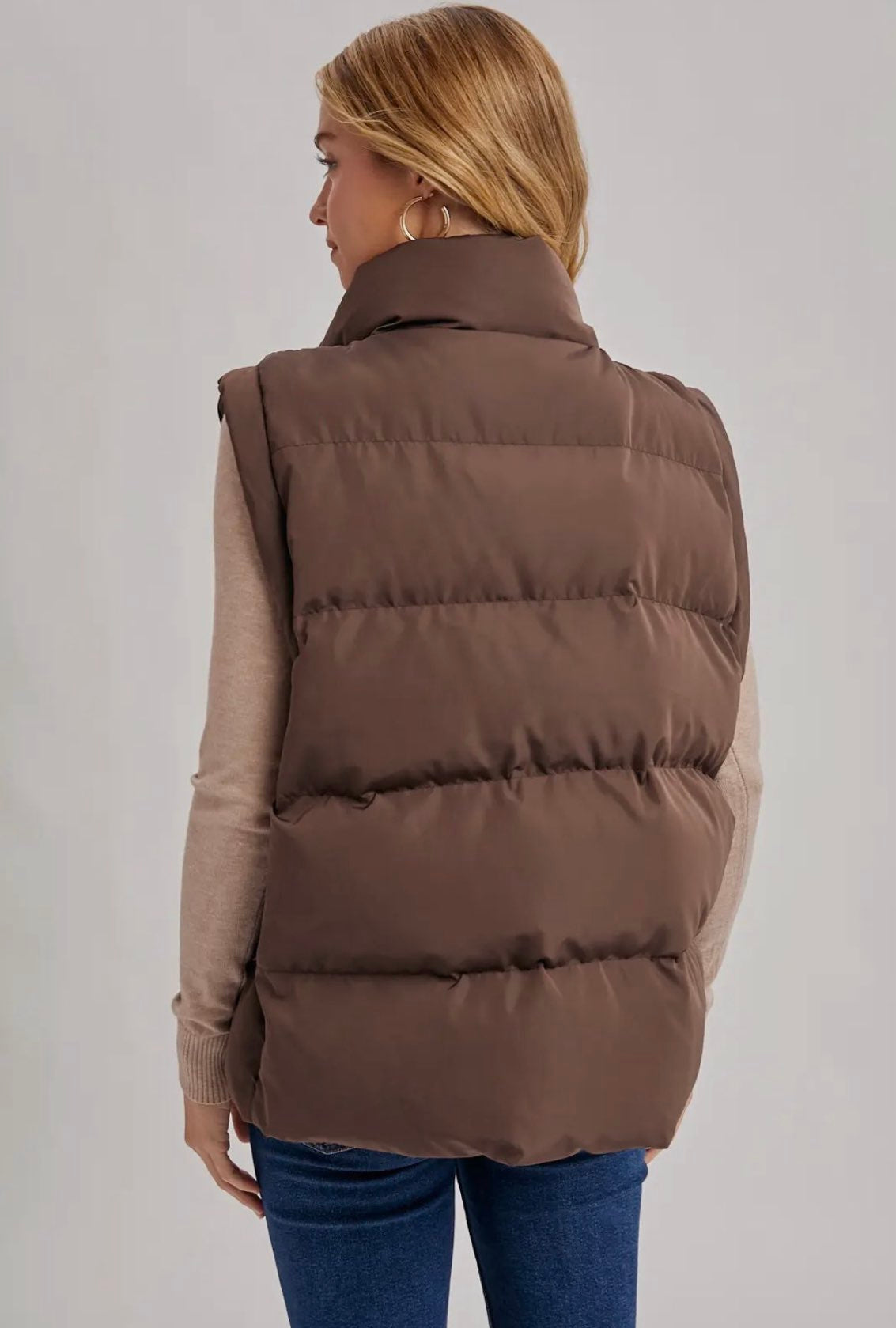 Medium Length Puffer Vest- Brown-Coat & Jackets- Hometown Style HTS, women's in store and online boutique located in Ingersoll, Ontario