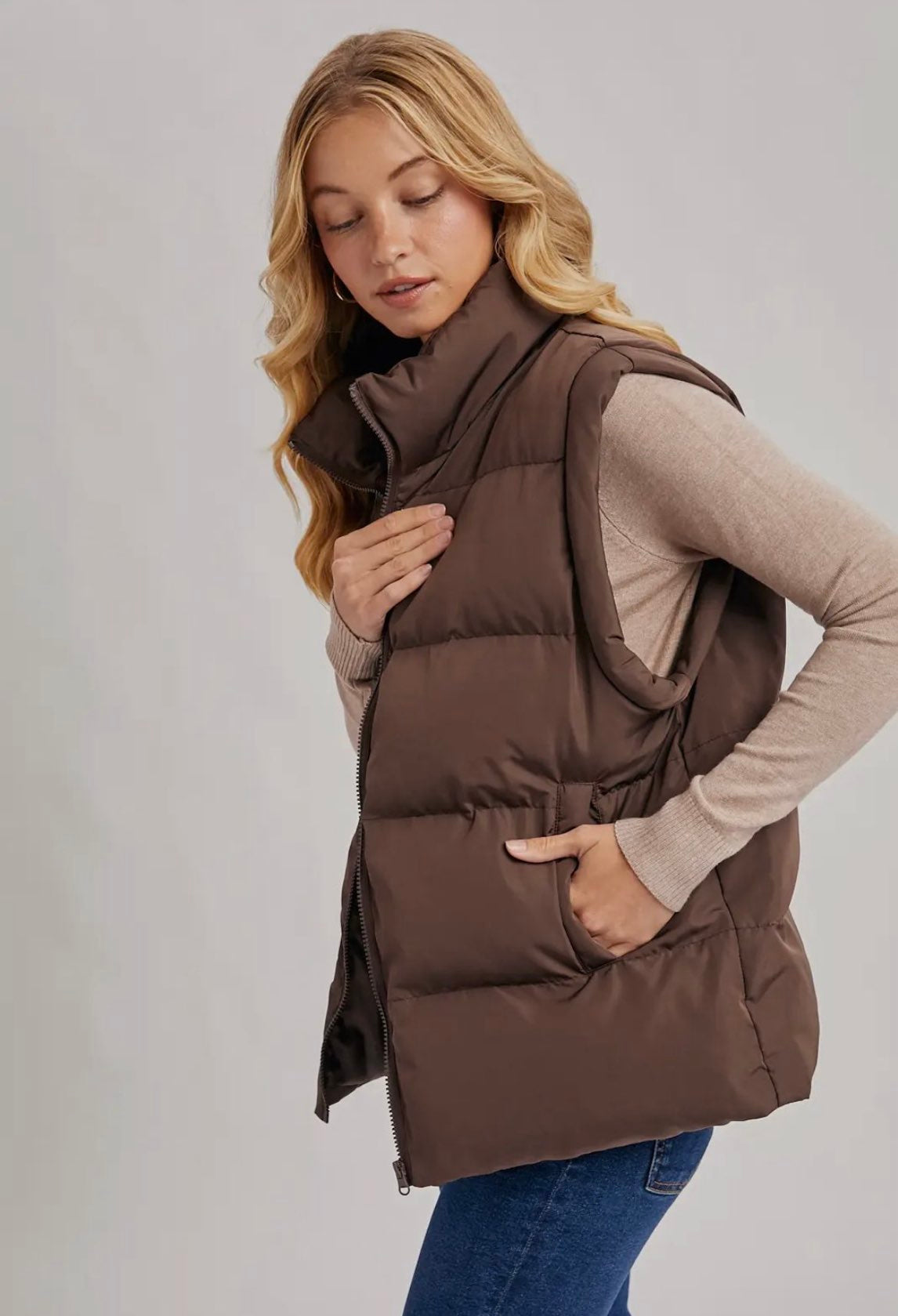 Medium Length Puffer Vest- Brown-Coat & Jackets- Hometown Style HTS, women's in store and online boutique located in Ingersoll, Ontario