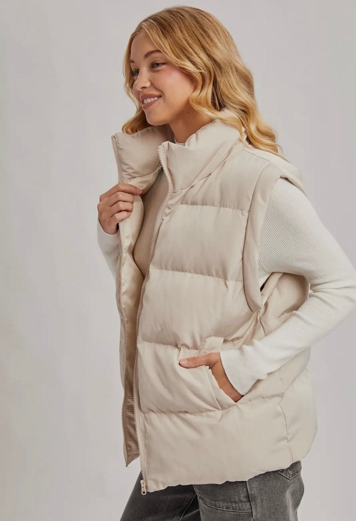Medium Length Puffer Vest- Cream-Coat & Jackets- Hometown Style HTS, women's in store and online boutique located in Ingersoll, Ontario