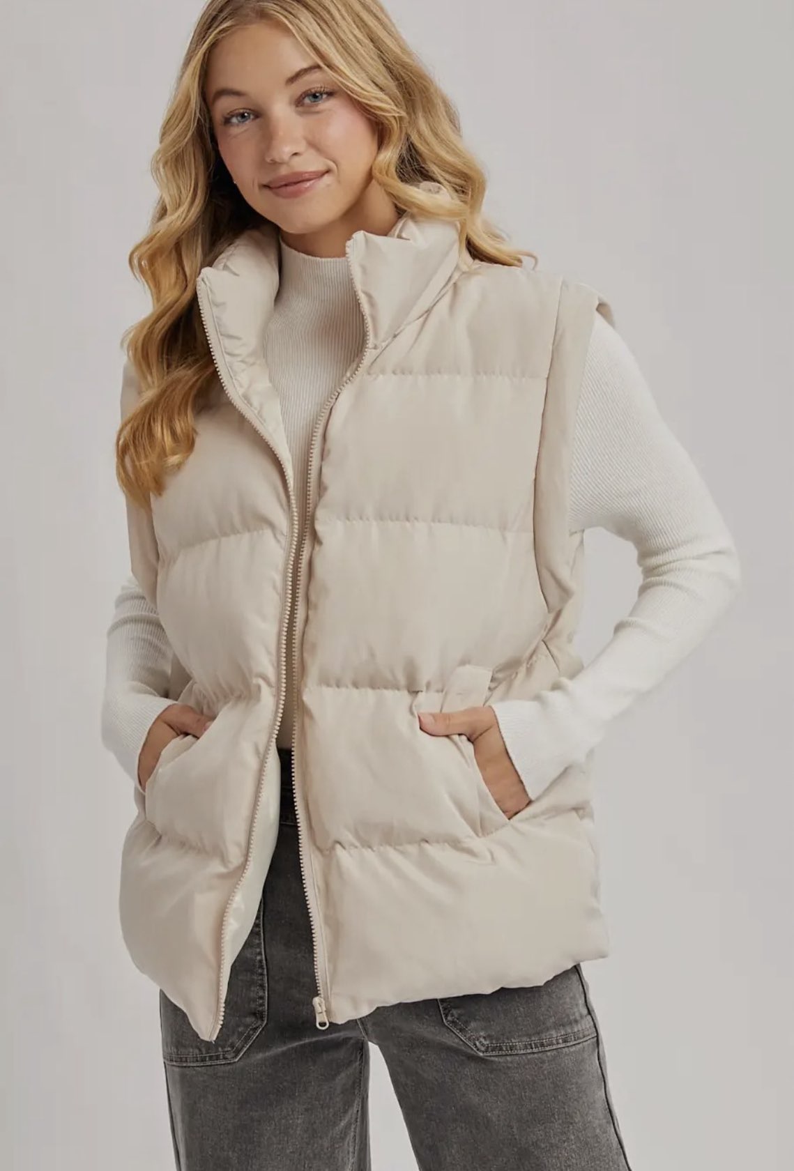 Medium Length Puffer Vest- Cream-Coat & Jackets- Hometown Style HTS, women's in store and online boutique located in Ingersoll, Ontario