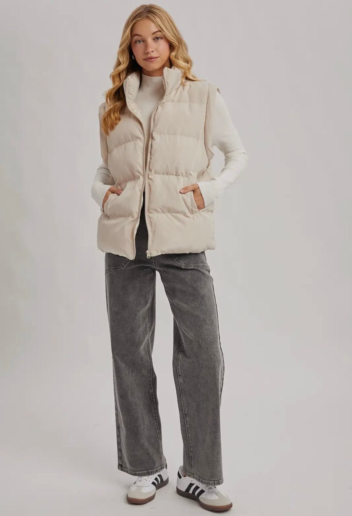 Medium Length Puffer Vest- Cream-Coat & Jackets- Hometown Style HTS, women's in store and online boutique located in Ingersoll, Ontario