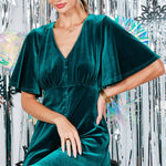 V Neck, Velvet Dress - Emerald-Special Occasion Dresses- Hometown Style HTS, women's in store and online boutique located in Ingersoll, Ontario