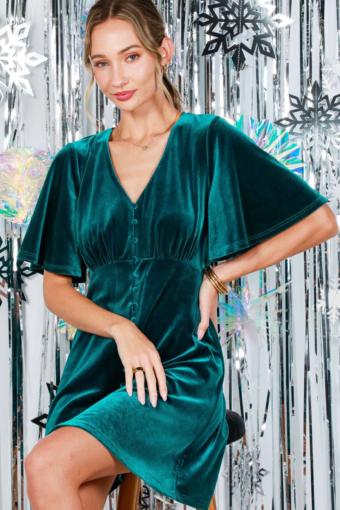 V Neck, Velvet Dress - Emerald-Special Occasion Dresses- Hometown Style HTS, women's in store and online boutique located in Ingersoll, Ontario