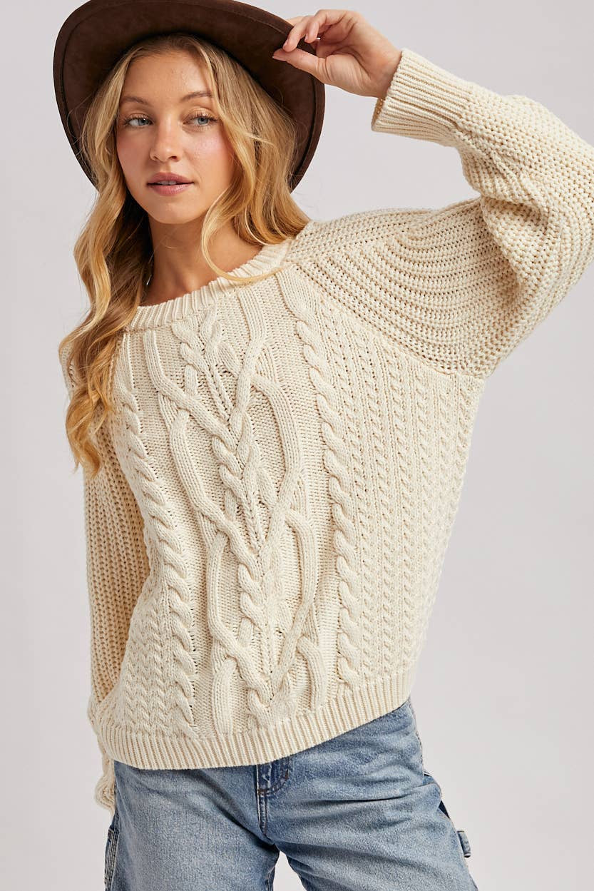 Crew-Neck Cable Knit Sweater Pullover - Cream-Sweaters and Cardigans- Hometown Style HTS, women's in store and online boutique located in Ingersoll, Ontario