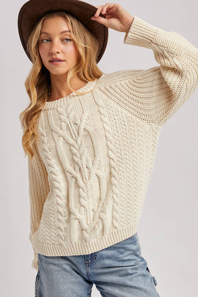 Crew-Neck Cable Knit Sweater Pullover - Cream-Sweaters and Cardigans- Hometown Style HTS, women's in store and online boutique located in Ingersoll, Ontario