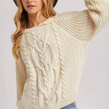 Crew-Neck Cable Knit Sweater Pullover - Cream-Sweaters and Cardigans- Hometown Style HTS, women's in store and online boutique located in Ingersoll, Ontario