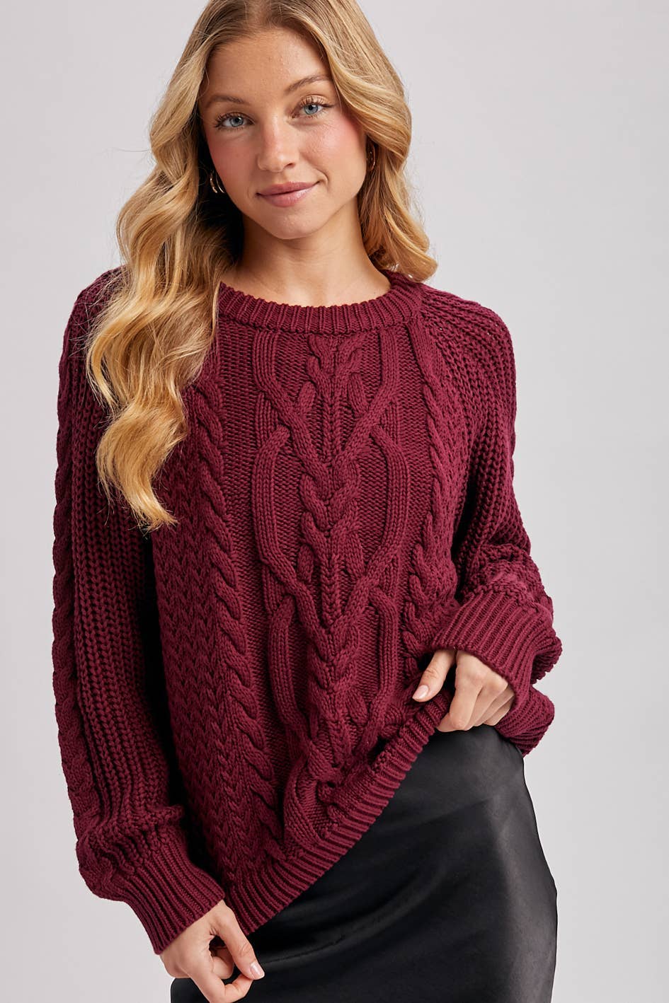 Crew-Neck Cable Knit Sweater Pullover - Wine-Sweaters and Cardigans- Hometown Style HTS, women's in store and online boutique located in Ingersoll, Ontario