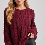 Crew-Neck Cable Knit Sweater Pullover - Wine-Sweaters and Cardigans- Hometown Style HTS, women's in store and online boutique located in Ingersoll, Ontario