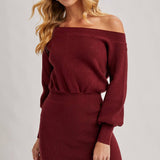 Ribbed Knit Sweater Blouson Dress - Burgundy-Casual Dresses- Hometown Style HTS, women's in store and online boutique located in Ingersoll, Ontario